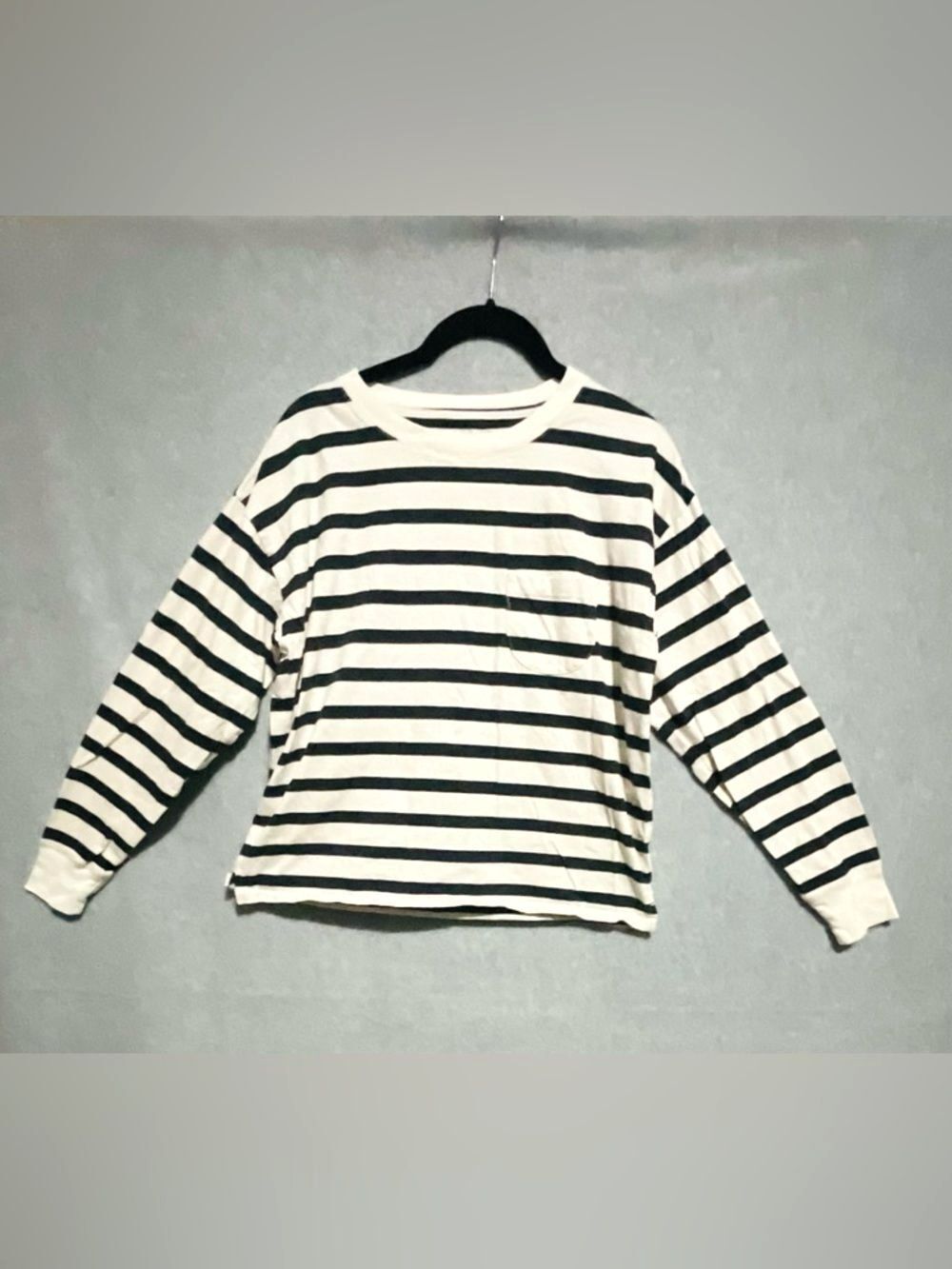 Free Assembly S Striped Long Sleeve Pocket Tee Oversized Breton Navy and Beige